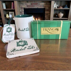 Rare Marshall Field’s 4 Pc Gift Set. Mug, Frangos, Coaster and Gift Tag. NWT